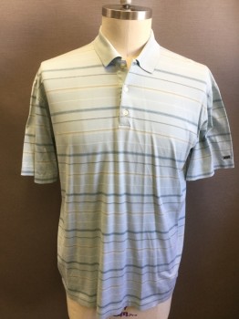 TIGER WOODS, Mint Green, Brown, Black, Blue, White, Cotton, Stripes, Mint with Brown/White/Blue Horizontal Stripes, Solid Mint Ribbed Knit Collar Attached, Short Sleeves