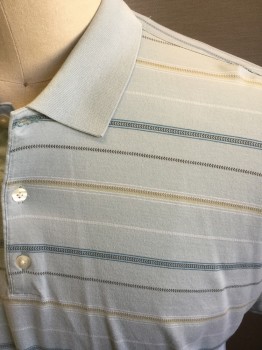 TIGER WOODS, Mint Green, Brown, Black, Blue, White, Cotton, Stripes, Mint with Brown/White/Blue Horizontal Stripes, Solid Mint Ribbed Knit Collar Attached, Short Sleeves