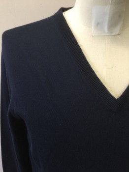 Mens, Pullover Sweater, BROOKS BROTHERS, Navy Blue, Cotton, Solid, Medium, V-neck, Long Sleeves, Fine Knit