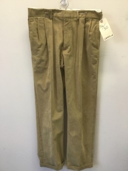 LANDS END, Tan Brown, Cotton, Solid, Corduroy, Pleated, Cuffed, 2 Welt Pocket,