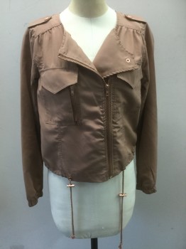 Womens, Casual Jacket, BAR III, Terracotta Brown, Polyester, Solid, XS, 2 Pockets with Flaps, 1 with Zipper, Epaulets, Drawstring at Waist