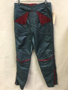 MTO, Teal Blue, Dk Red, Polyester, Nylon, Solid, Sheen Teal Blue with Dark Red Flip Pockets Front, Zippers & Top-stitches, 2" Waistband, Zip Back, Zipper Detail @ Knees, Side Zip Hem