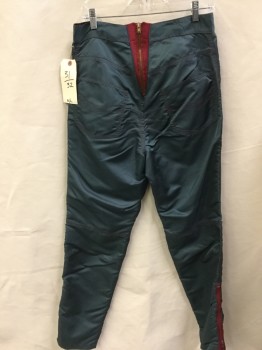 MTO, Teal Blue, Dk Red, Polyester, Nylon, Solid, Sheen Teal Blue with Dark Red Flip Pockets Front, Zippers & Top-stitches, 2" Waistband, Zip Back, Zipper Detail @ Knees, Side Zip Hem