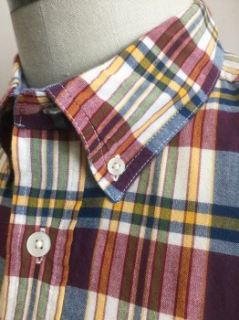 WOOLRICH, Multi-color, Dk Red, Off White, Yellow, Blue, Cotton, Plaid, Dark Red/Off White/Yellow/Green/Blue Plaid, Short Sleeve Button Front, Collar Attached, Button Down Collar, 1 Patch Pocket