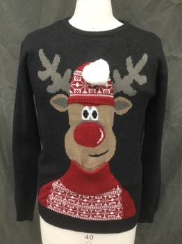 Mens, Pullover Sweater, MERRY CHRISTMAS, Charcoal Gray, Red, Lt Brown, Acrylic, Holiday, S, Charcoal with Rudolph in Sweater and Hat, Ribbed Knit Crew Neck/Waistband/Cuff, White Pom-Pom on Hat, Rudolph's Sweater Neck and Hat Trim in 3D
