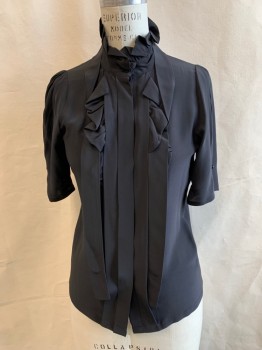 Womens, Blouse, CLUB MONACO, Black, Silk, Solid, S, Hidden Placket Button Front, Band Collar with Ruffle, Ruffle Panels From Placket, Self Tie Attached to Front, Short Sleeves Pleated at Inset and Button Loops
