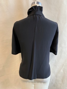 Womens, Blouse, CLUB MONACO, Black, Silk, Solid, S, Hidden Placket Button Front, Band Collar with Ruffle, Ruffle Panels From Placket, Self Tie Attached to Front, Short Sleeves Pleated at Inset and Button Loops