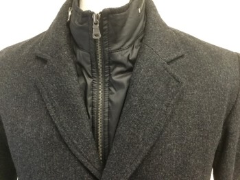 Mens, Coat, Overcoat, HUGO BOSS, Charcoal Gray, Wool, Polyamide, Stripes - Shadow, 40R, Button Front, Collar Attached, Notched Lapel, 4 Pockets, Long Sleeves, Solid Black Nylon Zip Detachable Collar/Front