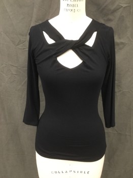 INC, Black, Poly/Cotton, Solid, Jersey Knit, V-neck with Crossover Twist, 3/4 Sleeve