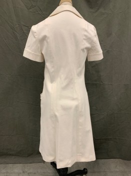 MTO, Eggshell White, Cotton, Solid, Vintage, 1/2 Zip Front, Wing Collar Attached, Short Sleeves, 2 Hip Pockets with Button Detail, Yoke Front with Tab Button Detail, Knee Length, Multiple