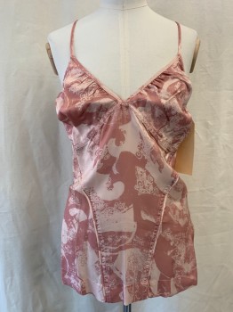 Womens, Top, DIESEL, Dusty Rose Pink, Lt Pink, Viscose, Abstract , S, V Bust, Spaghetti Strap Racer Back, Princess Seam Piping,