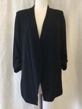Womens, Blazer, BABATON, Black, Acetate, Polyester, Solid, 8, No Lapel, 2 Pockets, Ruched 3/4 Sleeves
