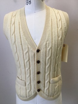 Mens, Sweater Vest, N/L, Cream, Wool, Cable Knit, 40 C, V-neck, Cardigan, 2 Pockets, Small Hole Near Button