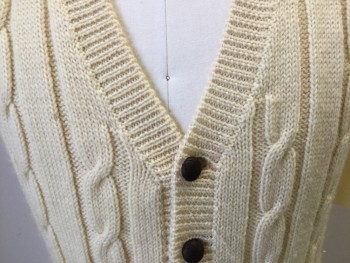 Mens, Sweater Vest, N/L, Cream, Wool, Cable Knit, 40 C, V-neck, Cardigan, 2 Pockets, Small Hole Near Button