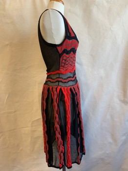 MISSONI, Black, Red, Brick Red, Wool, Elastane, Abstract , Stripes, Sheer Knit, Low Square Neck, Textured Abstract Stripes, Flare Skirt, Small Hole on Neckline