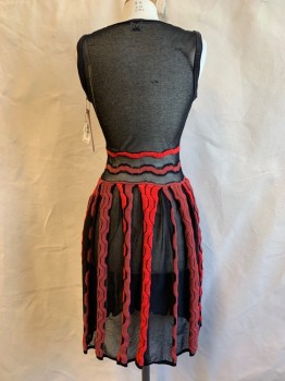 MISSONI, Black, Red, Brick Red, Wool, Elastane, Abstract , Stripes, Sheer Knit, Low Square Neck, Textured Abstract Stripes, Flare Skirt, Small Hole on Neckline