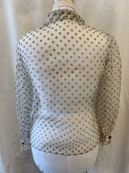 ZARA, White, Black, Polyester, Polka Dots, Sheer, Collar Band, Neck Tie Attached, Button Front, Long Sleeves
