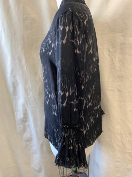 KOBI HALPERIN, Black, Ecru, Silk, Abstract , Collar Attached, Button Front, Long Sleeves with Shirred Band & Bell Cuffs