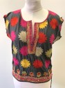 RHAPSODIA, Charcoal Gray, Red, Magenta Pink, Beige, Yellow, Cotton, Geometric, Charcoal with Colorful Embroidered Starbursts, Flowers, Etc,  Sleeves Cut Off, Scoop Neck with Button Placket, Missing All But 1 Button, Drawstring at Hem, North African "Style"