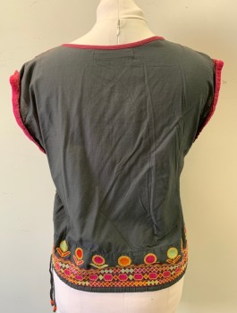 RHAPSODIA, Charcoal Gray, Red, Magenta Pink, Beige, Yellow, Cotton, Geometric, Charcoal with Colorful Embroidered Starbursts, Flowers, Etc,  Sleeves Cut Off, Scoop Neck with Button Placket, Missing All But 1 Button, Drawstring at Hem, North African "Style"