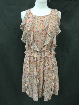 SB, Peach Orange, White, Orange, Blue, Green, Polyester, Floral, Scoop Neck, Button Loop Back Neck with Keyhole, Vertical Ruffles, Elastic Waist with Ruffle