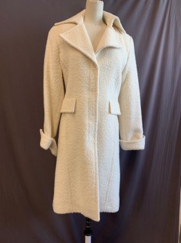 N/L, Off White, Wool, Rayon, Solid, Snap Front, 2 Pockets, 2 Faux Pockets, Notched Lapel, Belted Back