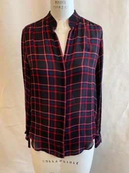 Womens, Blouse, L'AGENCE, Black, Red, Blue, White, Silk, Plaid, M, Stand Collar, Button Front, V-neck, Long Sleeves, Gathered Back Yoke