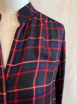Womens, Blouse, L'AGENCE, Black, Red, Blue, White, Silk, Plaid, M, Stand Collar, Button Front, V-neck, Long Sleeves, Gathered Back Yoke
