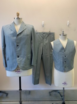 SIAM COSTUMES, Blue-Gray, Beige, Red, Wool, Stripes - Pin, 3 Buttons, Single Breasted, Notched Lapel, 3 Pockets