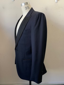 Mens, Suit, Jacket, SUIT SUPPLY, Midnight Blue, Black, Wool, Solid, 42L, Single Button, Peaked Lapel, 3 Pockets,