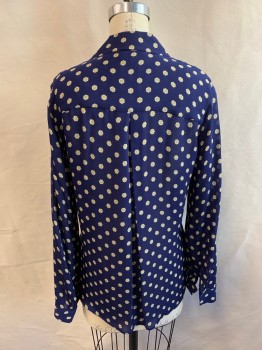 Womens, Blouse, L'AGENCE, Dk Blue, Antique Gold Metallic, White, Silk, Geometric, Floral, B36, Collar Attached, Long Sleeves, Button Front, Inverted Pleat at Back