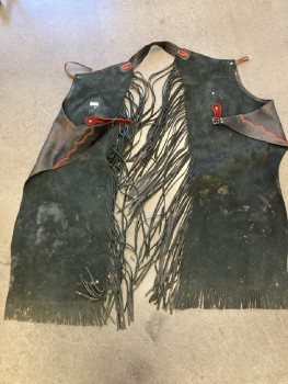 Mens, Chaps, ARIAT, M, W:34, Black with Brown And Red Details And Silver Stars, Fringed, Cf042561Aged/Distressed, 1 Buckle Strap Thigh, Multiple,