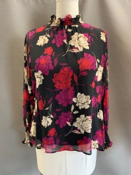 Womens, Blouse, VINCE CAMUTO, Black, Magenta Pink, Raspberry Pink, Lt Beige, Polyester, Viscose, Floral, L, Crepe, Mock Shirred Ruffle Neck/Cuffs, Sheer Dolman-type L/S, Key Hole Back W/2 Covered Btns, Viscose Elastane Attached Under Shirt