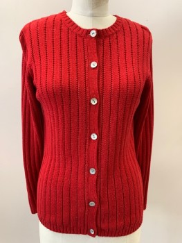 KAREN SCOTT, Red, Acrylic, Cotton, Solid, Ribbed Knit, CN, B.F., 7 Abalone Btns, L/S