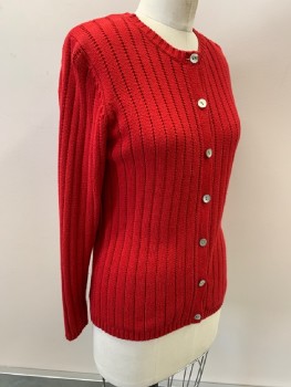 Womens, Cardigan Sweater, KAREN SCOTT, Red, Acrylic, Cotton, Solid, S, Ribbed Knit, CN, B.F., 7 Abalone Btns, L/S
