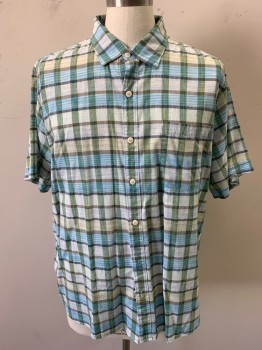 Mens, Casual Shirt, TOMMY BAHAMA, Sky Blue, Ecru, Yellow, Gray, Cotton, Plaid, XL, Short Sleeves, Collar Attached, 1 Pocket,