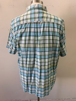 Mens, Casual Shirt, TOMMY BAHAMA, Sky Blue, Ecru, Yellow, Gray, Cotton, Plaid, XL, Short Sleeves, Collar Attached, 1 Pocket,
