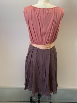 ESCADA, Dusty Rose Pink, Brown, Salmon Pink, Silk, Color Blocking, Boat Neck, Pleating At Neck Line And Waist, Slvls, A Line Skirt, Back Zip, Hem Below Knee, Salmon Silk Tie Belt