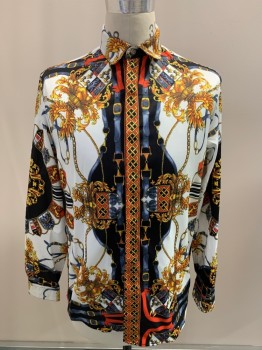 Mens, Casual Shirt, NL, White, Multi-color, Cotton, Novelty Pattern, L, L/S, Button Front, Clear And Gold Buttons, Buckle And Crest Print