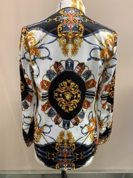 Mens, Casual Shirt, NL, White, Multi-color, Cotton, Novelty Pattern, L, L/S, Button Front, Clear And Gold Buttons, Buckle And Crest Print