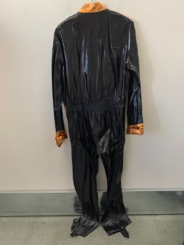 MTO, Black, Copper Metallic, Synthetic, Color Blocking, JUMPSUIT, Band Collar, Zip Front, L/S, Cuffed Sleeves, Velcro Closure At Neck, Black Gusset At Back Waistband, Stirrups *Frayed Tinsel All Around*