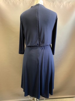 LONDON STYLE, Navy Blue, Polyester, Spandex, Solid, L/S, Crew Neck, Side Pleat with Gold Buttons, Elastic Waist Band, Back Zipper,