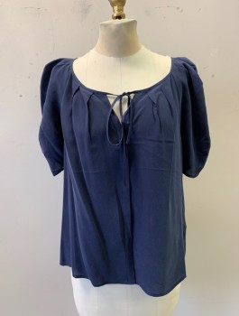 Womens, Blouse, JOIE, Navy Blue, Silk, Solid, S, Round Neck, Tie at Bust, S/S, Button Front,