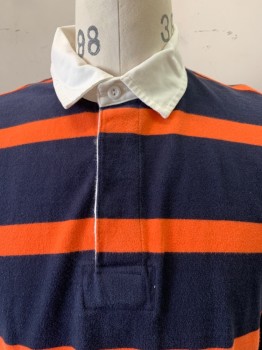 J. Crew, Navy Blue, Orange, White, Cotton, Stripes - Horizontal , L/S, Collar Attached, 3 Buttons