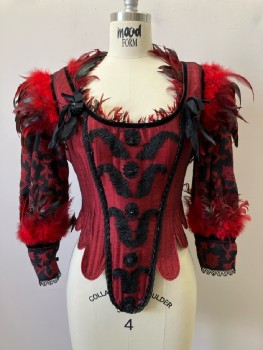 N/L, Red, Black, Solid, Bodice, Scoop Neck, 3/4 Sleeves, Black Velvet & Lace Trim, Iridescent Feathers At Neckline/ Shoulders/ Cuffs, Lace Overlay, Boning, Black Appliqué With Squared Decorative Buttons, Bead Detail, Back Lace, Scallop Hem, Made To Order,