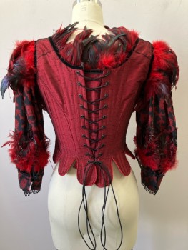 N/L, Red, Black, Solid, Bodice, Scoop Neck, 3/4 Sleeves, Black Velvet & Lace Trim, Iridescent Feathers At Neckline/ Shoulders/ Cuffs, Lace Overlay, Boning, Black Appliqué With Squared Decorative Buttons, Bead Detail, Back Lace, Scallop Hem, Made To Order,