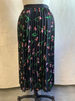 H&M, Black, Pink, Green, Polyester, Floral, Solid Black Elastic Waistband, Pleated Chiffon
