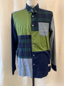 PENFIELD, Navy Blue, Black, Teal Green, Olive Green, Heather Gray, Cotton, Color Blocking, Plaid, Collar Attached, Button Down Collar, Button Front, Long Sleeves, 1 Pocket