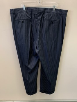 GEOFFREY BEENE, Navy Blue, Polyester, Rayon, Stripes, Button Tab, Belt Loops, F.F, Zip Front, 2 Side Pockets, 2 Back Pockets, Cuffed