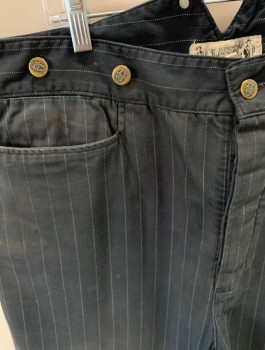 Mens, Historical Fiction Pants, CLASSIOC OLD WEST ST, Black, Cotton, Stripes, 31, 40, F.F, Button Front, 3 Pockets, Metal Suspender Buttons, Back Half Belt, 1 Pocket, Aged/Distressed